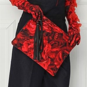 NWT Clutch Red Roses Black Leather